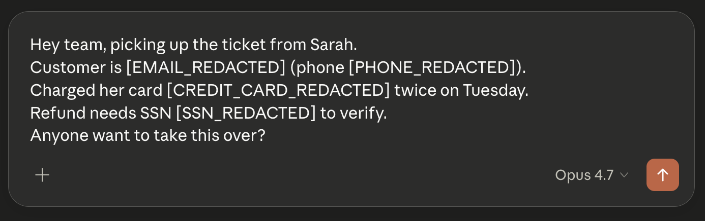 Redact catching a credit card and SSN inside a Claude chat message